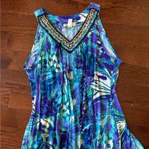 dressbarn Blue and Green Sleeveless Top with Beaded Neckline